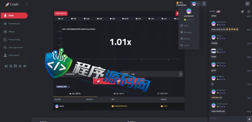 Crash海外爆点游戏源码/竞猜下注游戏/带聊天室/机器人/BTC充值
